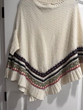 Anthropologie Cream Knit Poncho with Multicolor Fair Isle Trim